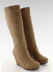 Kozaki gładkie koturn 9515 KHAKI