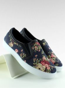 Slip-on jeansowe z kwiatami 9015-B Granat